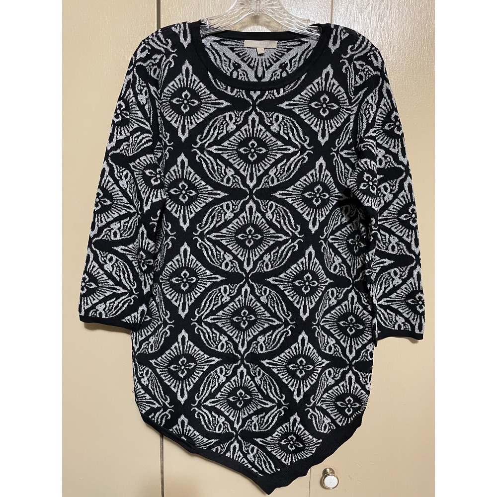 Joan Vass New York Women L Black Silver Metallic Damask Asymmetrical Sweater NWT